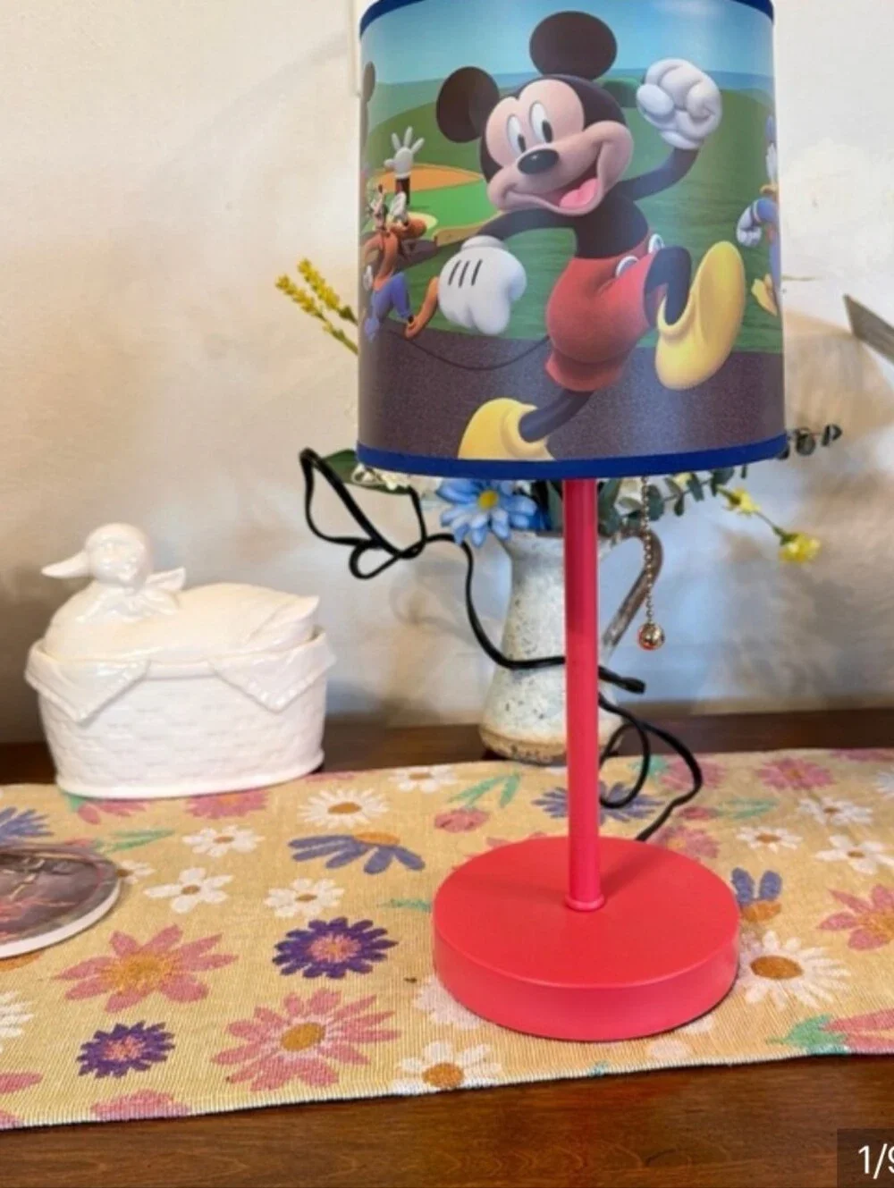 Disney Mickey Mouse Red Table Lamp Pull Chain 15” Kids Bedroom Nursery Idea Nuov